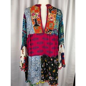 Anandas Collection Patchwork Tunic Top L Boho Floral Paisley Pom Pom Bell Sleeve